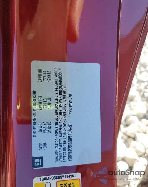 2009 Saturn Sky from USA, damaged, VIN 1G8MP35B89Y104981